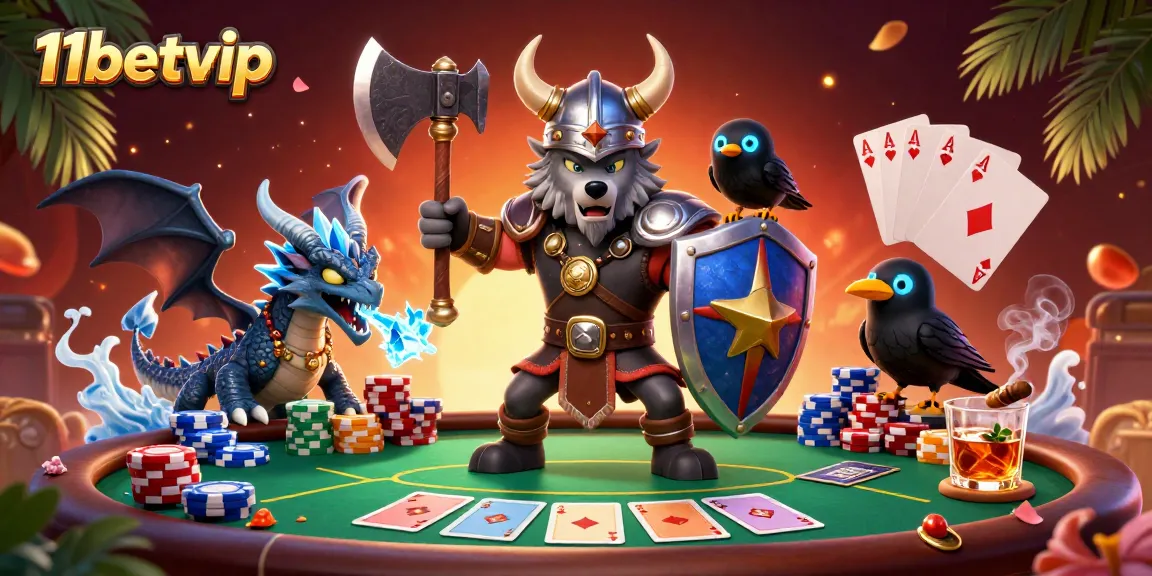 Join the action with 11betvip in this vibrant poker scene featuring a Viking warrior and dragon.