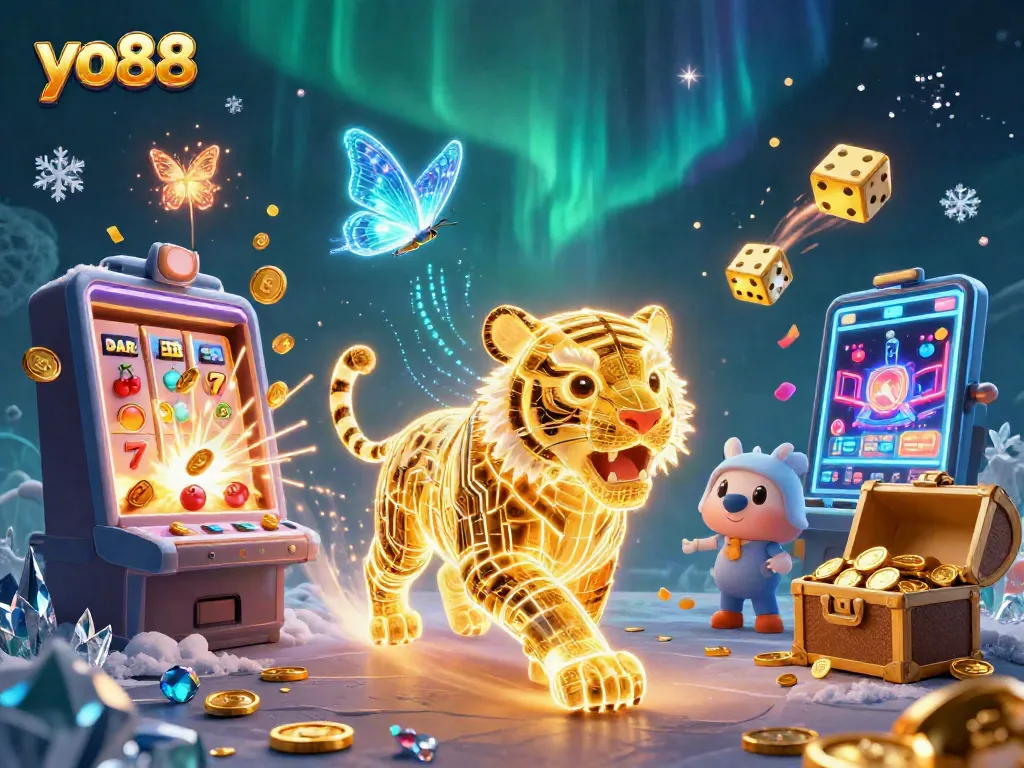 Experience excitement with yo88's dynamic casino scene featuring a golden tiger and jackpot elements.