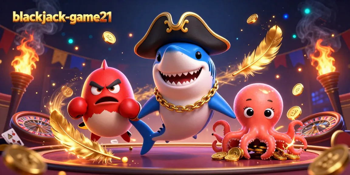 Engage in thrilling gameplay at blackjack-game21 with dynamic characters like a pirate shark and a pufferfish.