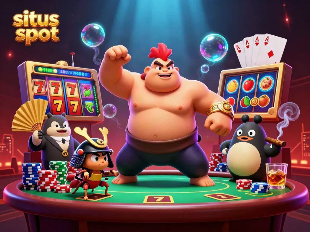 Situs slot illustration showcasing a vibrant casino scene with lively characters and game elements