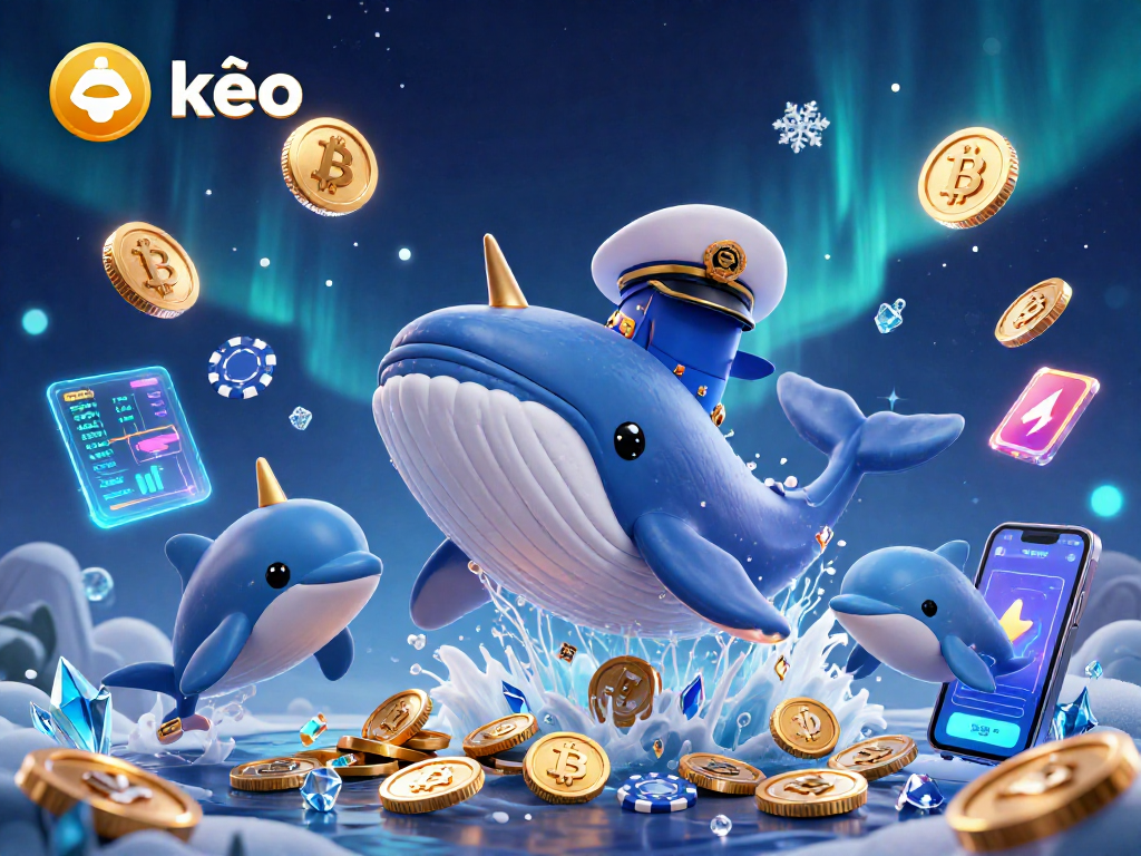 Engage with kèo nhà cái strategies featuring a whale, narwhal, and dolphins amidst glowing crypto elements.