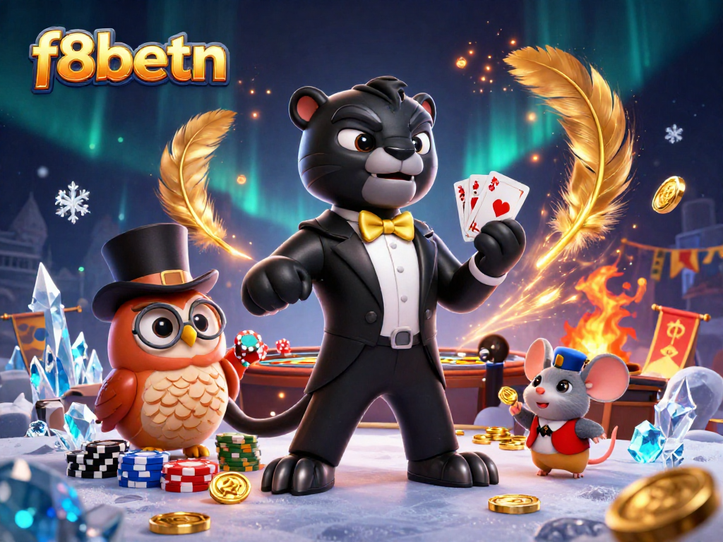 Experience the thrill of live gaming at f8betn with a dynamic illustration of a sophisticated casino scene featuring a tuxedo-clad panther.