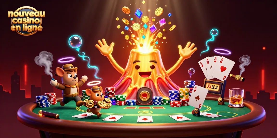 Découvrez le nouveau casino en ligne à travers cette illustration animée de volcans et de trésors.