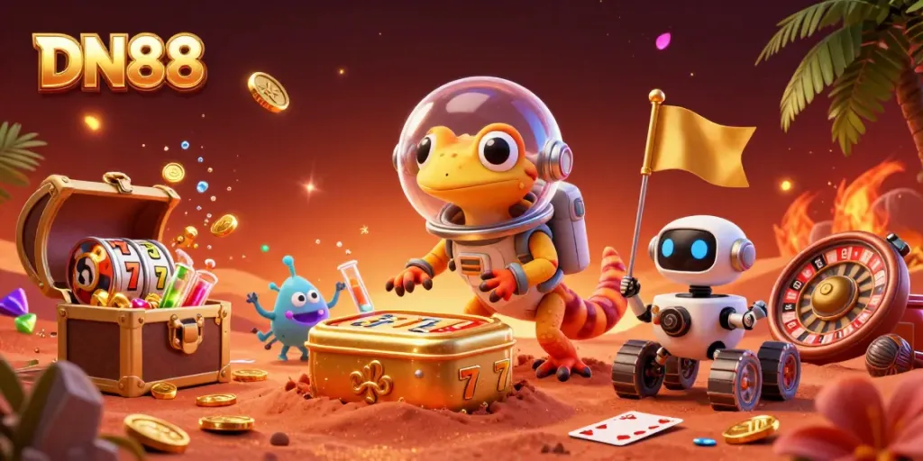 Join the excitement at DN88 as the Martian gecko uncovers a golden casino while encountering thrilling gambling elements.