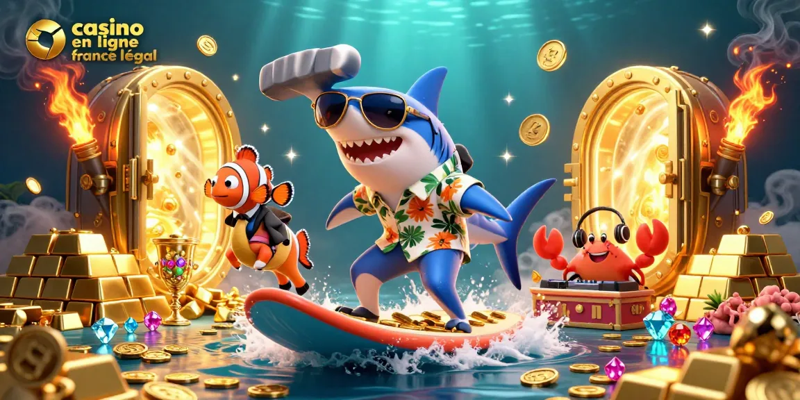 Assistez à un casino en ligne France légal où un requin à marteau s'amuse sur une vague de pièces d'or.