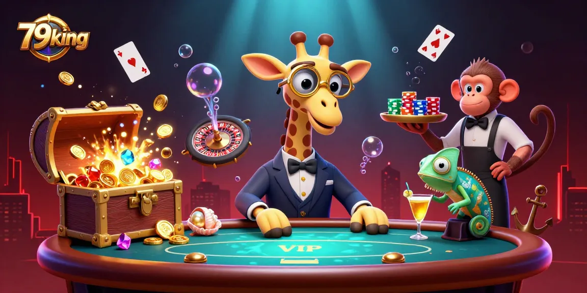 Experience a vibrant scene at 79king casino with giraffe in a suit, monkey valet, and chameleon bartender.