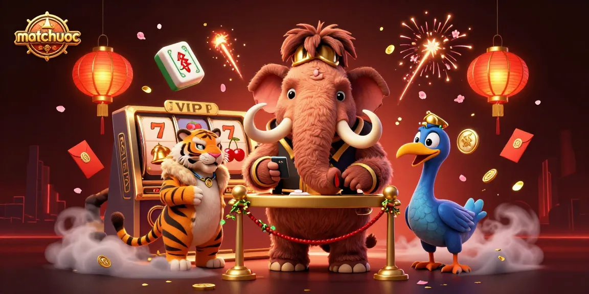 Matchuoc casino scene featuring a woolly mammoth bouncer, saber-tooth tiger guest, and vibrant slot reels.