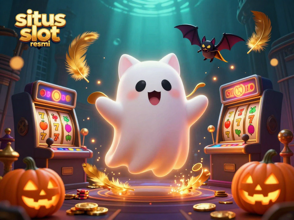 Play thrilling slot games at situs slot resmi with the friendly ghost cat and vampire bat, immersed in a haunted casino.