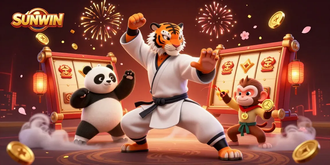 SUNWIN promotes exciting slot games with dynamic characters and festive elements in a vibrant casino scene.