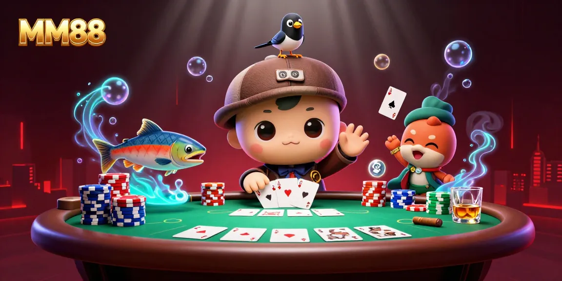 Join the excitement at MM88 with vibrant casino elements, featuring playful characters.