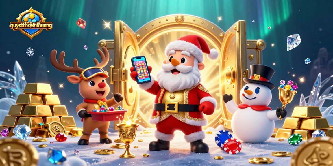 Spin slots and win jackpots with the festive spirit of quyetchientienthuong, featuring Santa and a casino adventure.