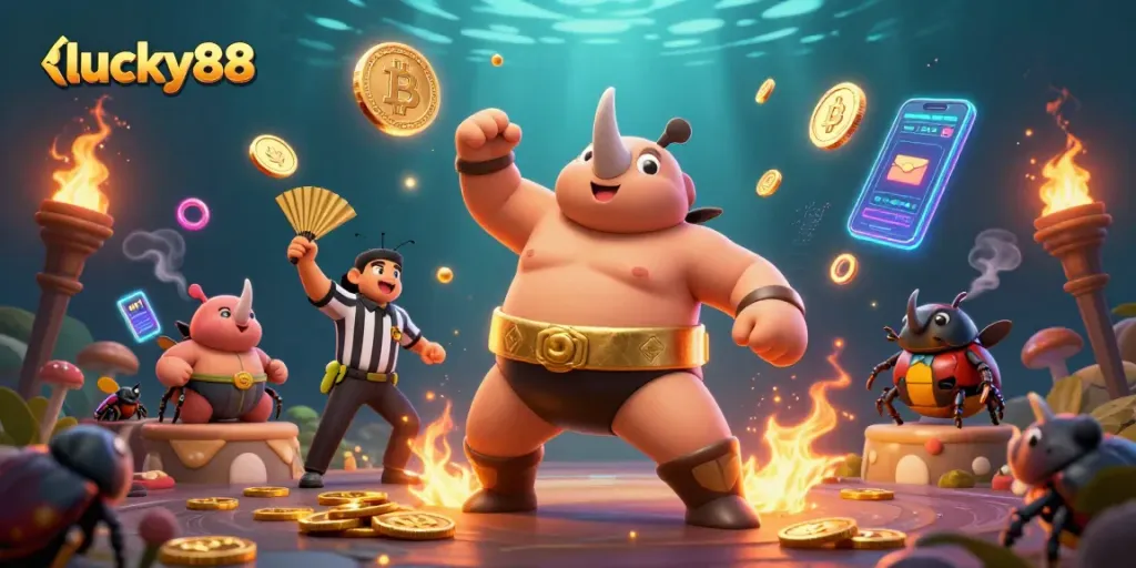 Experience winning at lucky88 with a lively scene showcasing a beetle champion amidst dynamic casino elements.