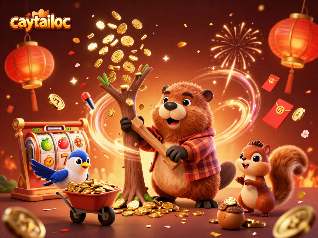 Experience the thrill of caytailoc with a dynamic scene featuring a lumberjack beaver collecting gold coins in a casino.