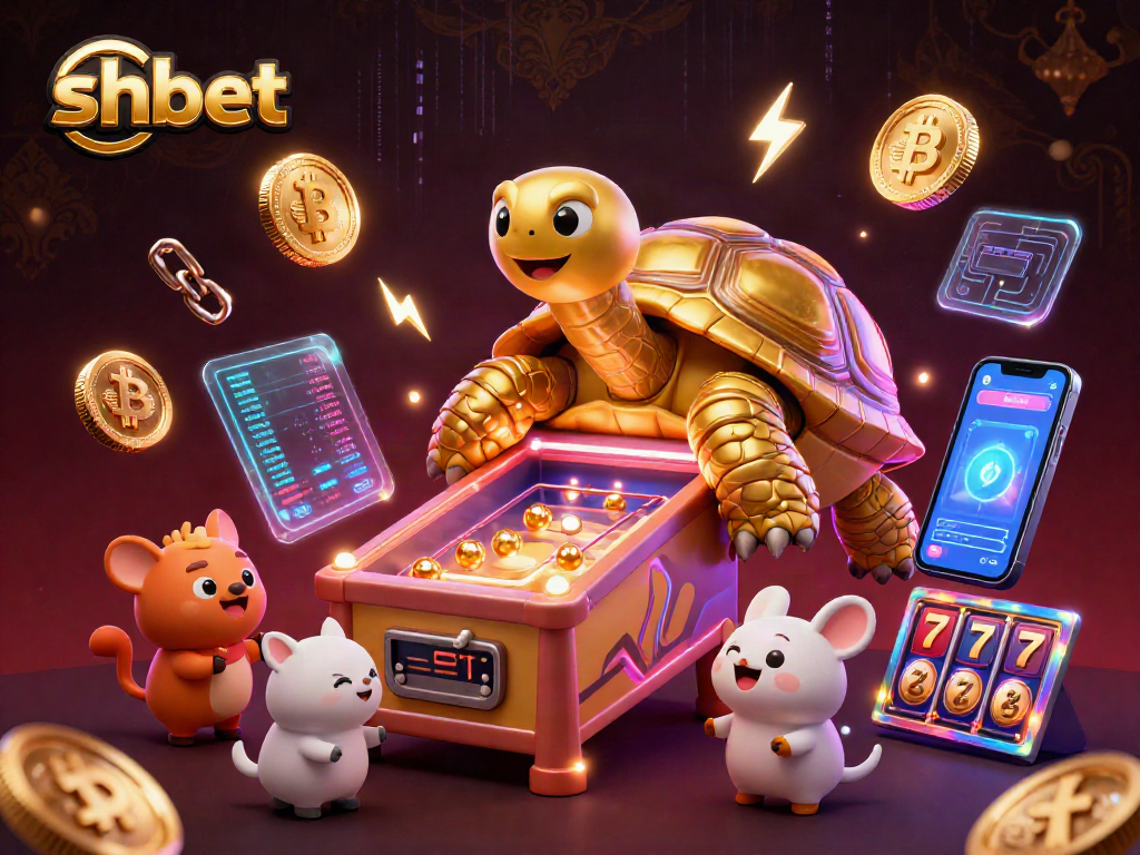 Play at shbet with a vibrant 3D illustration of a golden tortoise inspired slot machine.