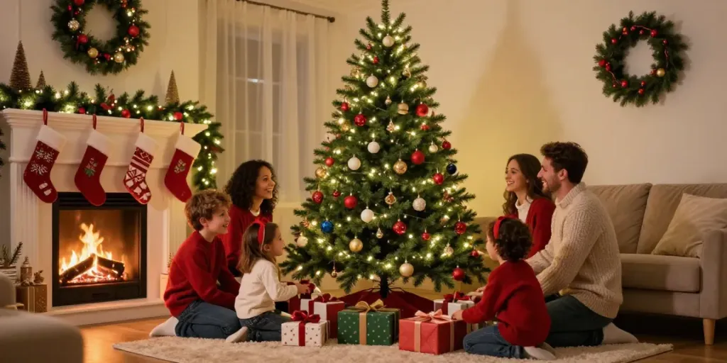 Pencil Christmas tree in a cozy living room adorned with family celebrations during the holidays.