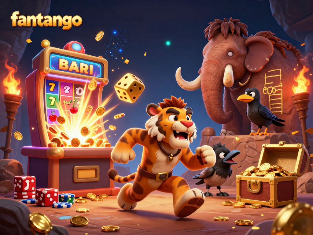 Experience the thrill of fantango in a vibrant prehistoric casino scene with exciting game elements.