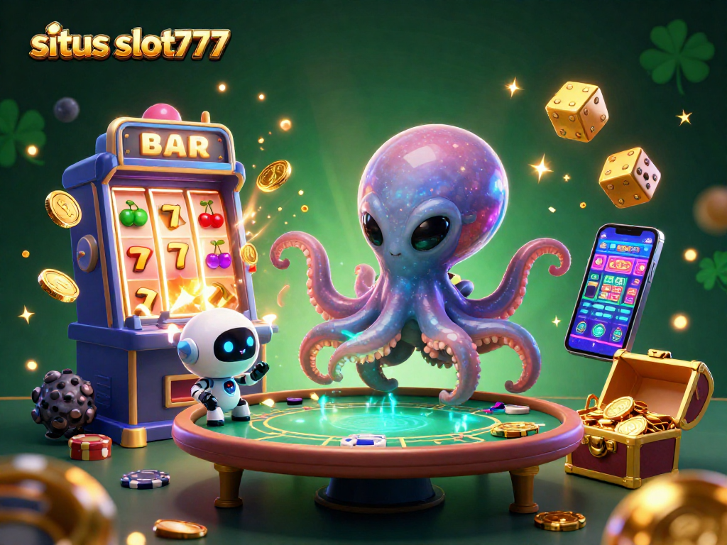 Situs slot777 showcases an alien octopus in a thrilling casino scene with slot machines and poker elements.