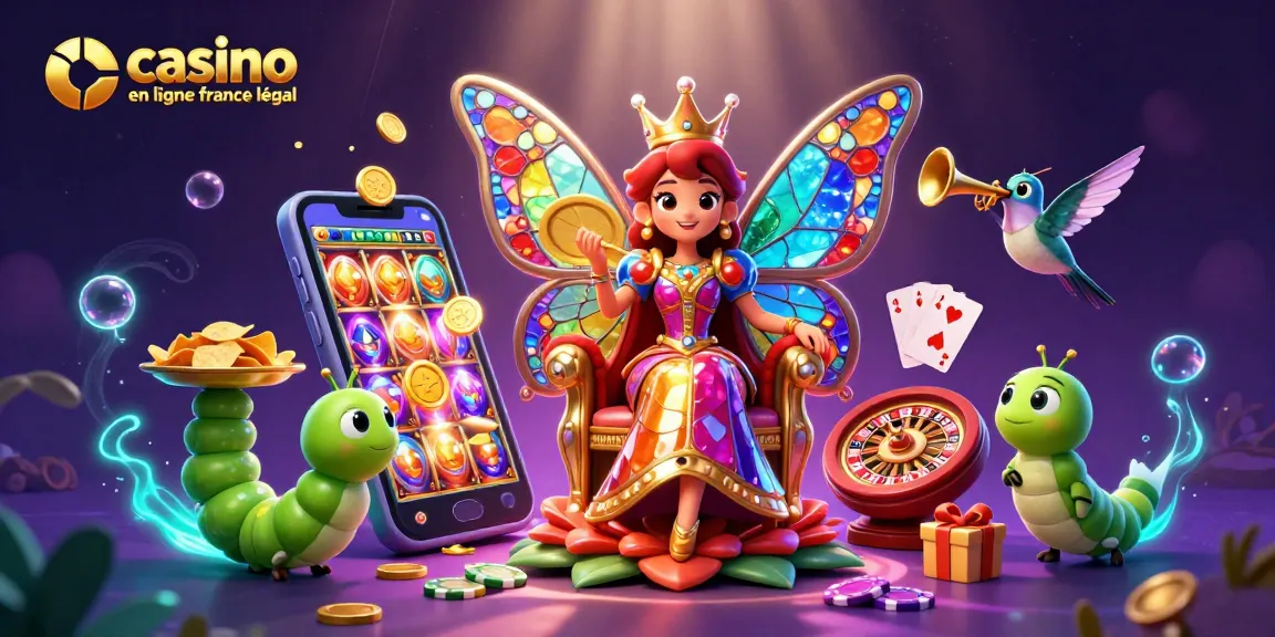 Illustration captivante du thème "casino en ligne légal en France" avec une reine papillon entourée d'éléments de jeu colorés.