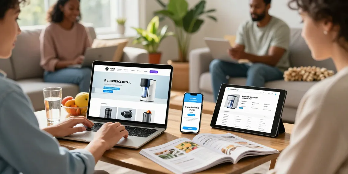 Engaging online shopping with ebbfilter.com users browsing home filtration products in a cozy living room.