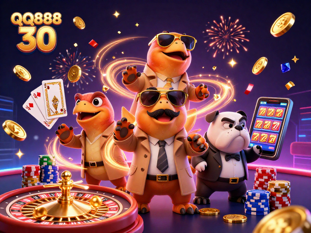 Experience thrilling action at QQ888 30 with cartoon raptors entering a VIP lounge in a vibrant casino scene.