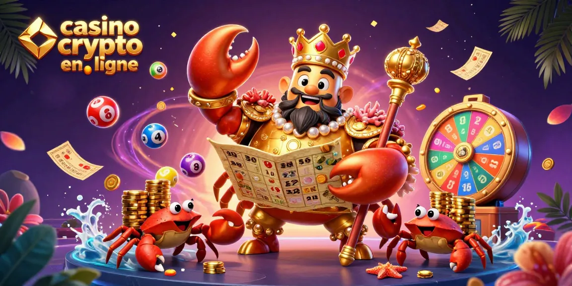 Gagnez avec le casino crypto en ligne, illustrant l'empereur crabe et des éléments de jeux colorés.