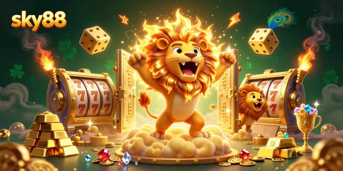 Experience sky88's captivating casino world with a roaring lion, golden dice, and slot elements.