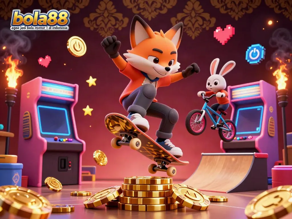 Bola88 agen judi bola nomor 1 di indonesia illustrated with a skateboarder fox and BMX rabbit in a vibrant gaming scene.