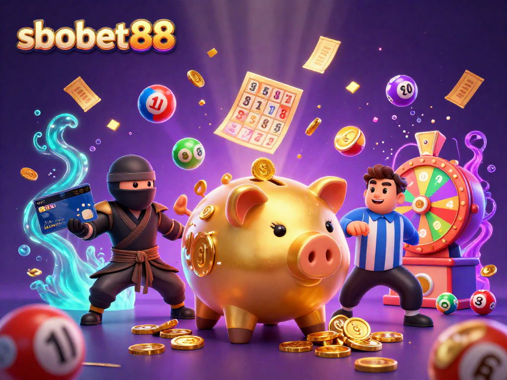 sbobet88 offers thrilling action with golden piggy bank sumo wrestler amidst lottery elements and vibrant energy.