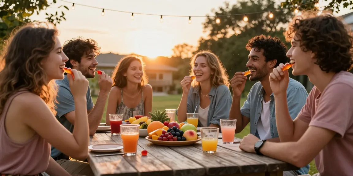Friends enjoying thc gummies at a backyard gathering, surrounded by fruits and drinks, capturing fun and relaxation.