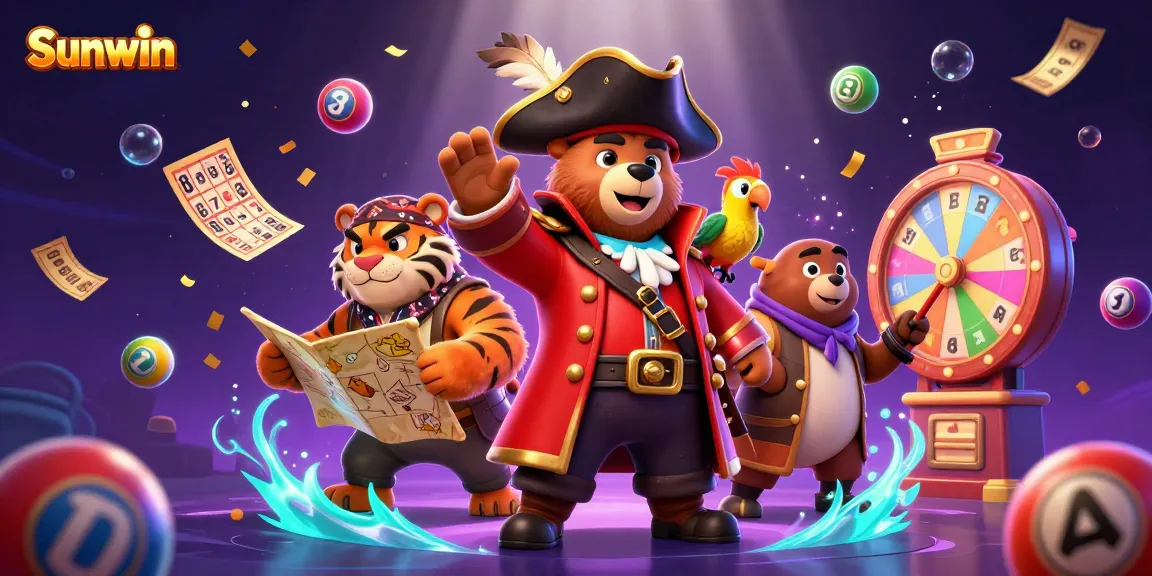 Sunwin’s exciting gaming scene showcases a pirate captain bear and tiger, with dynamic lottery elements.