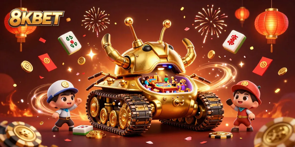 Experience 8KBET in a vibrant casino scene with golden beetle tank and festive elements.