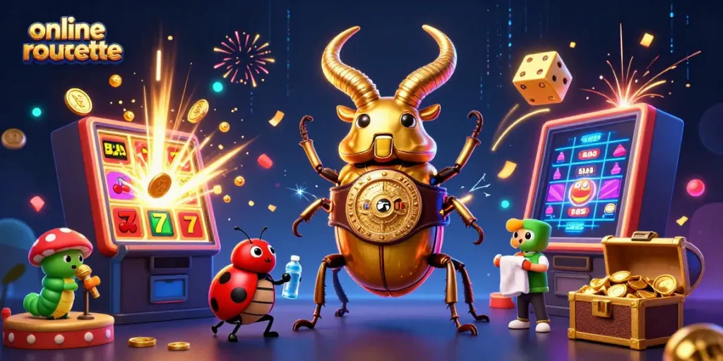 Spin for excitement with online roulette in a vibrant 3D casino illustration featuring energetic characters and game elements.