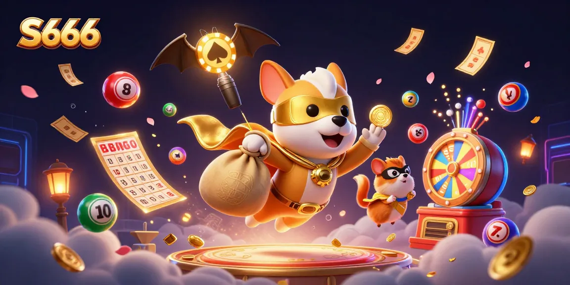 S666 players engage in exciting lottery games with colorful balls and golden prizes in a vibrant casino world.