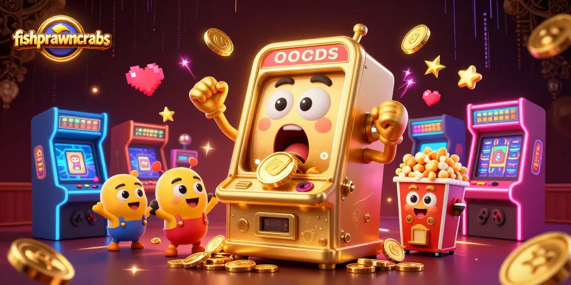 Experience the excitement of fishprawncrabs as golden slot machines celebrate a jackpot in a colorful gaming scene.