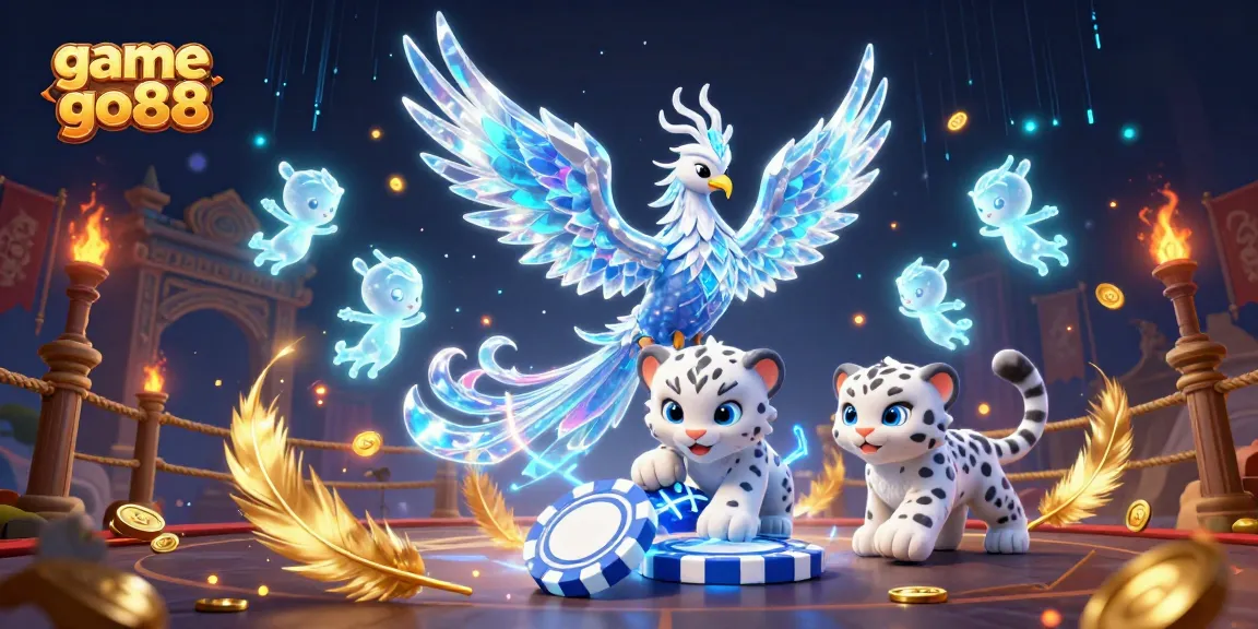 Engage with game go88 through this vivid scene featuring a mythical phoenix and playful cub.