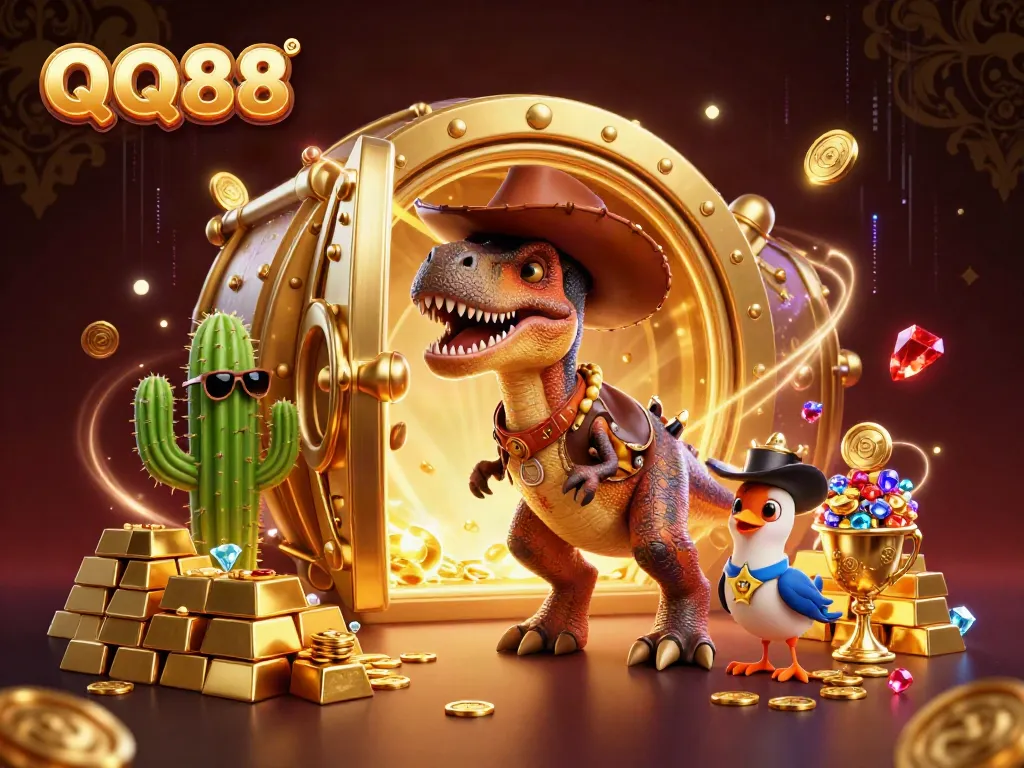 Experience thrilling gambling adventures with QQ88's vibrant casino elements in a whimsical cartoon scene.