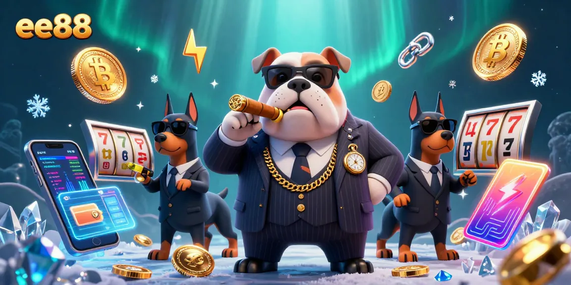 Engage with ee88 in an action-packed 3D casino scene featuring a mafia bulldog and high-stakes elements.