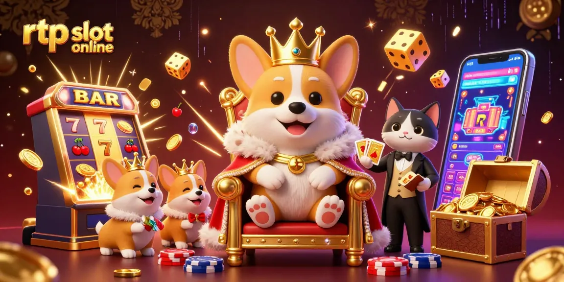 Menggali informasi rtp slot online terbaru dengan ilustrasi 3D corgi dan mesin slot megah dalam suasana kasino yang meriah