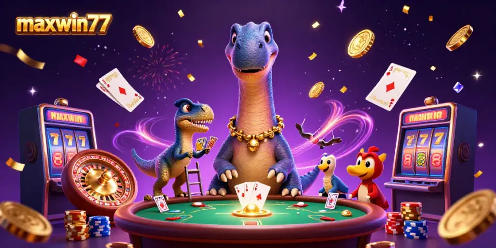 Experience maxwin77 excitement with a cartoon brontosaurus and raptor in a dynamic casino scene.