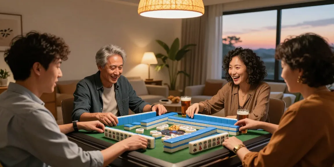 Players enjoying MAHJONGJP88 in a cozy living room setting, showcasing excitement and social interaction around the mahjong table.