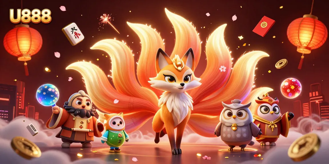 Experience U888's vibrant online gaming world with a magical fox and owl in a colorful casino setting.