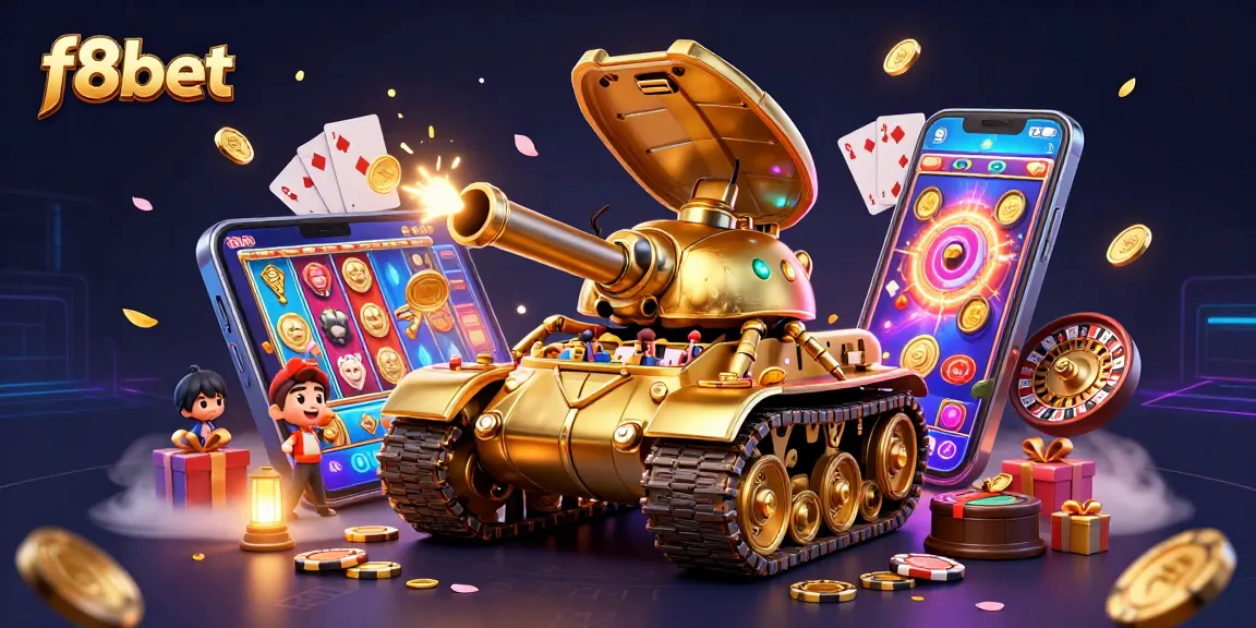 Experience the excitement of f8bet in a vibrant 3D casino battle scene with confetti and golden treasures.