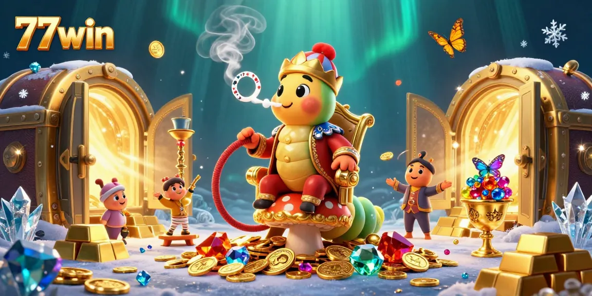 Experience winning moments at 77win with a vibrant casino scene full of treasures and gaming symbols.