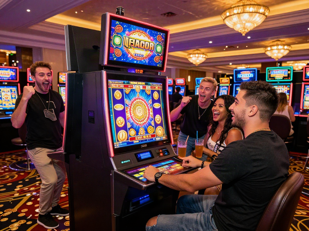 Exciting group playing slot gacor in a lively casino atmosphere, colorful machines and vibrant decor.