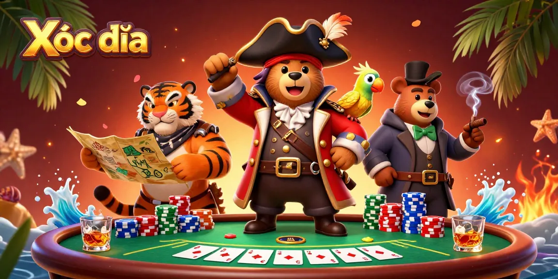 Xóc đĩa online gaming scene with a pirate bear, tiger, and golden parrot amidst poker chips and cards.