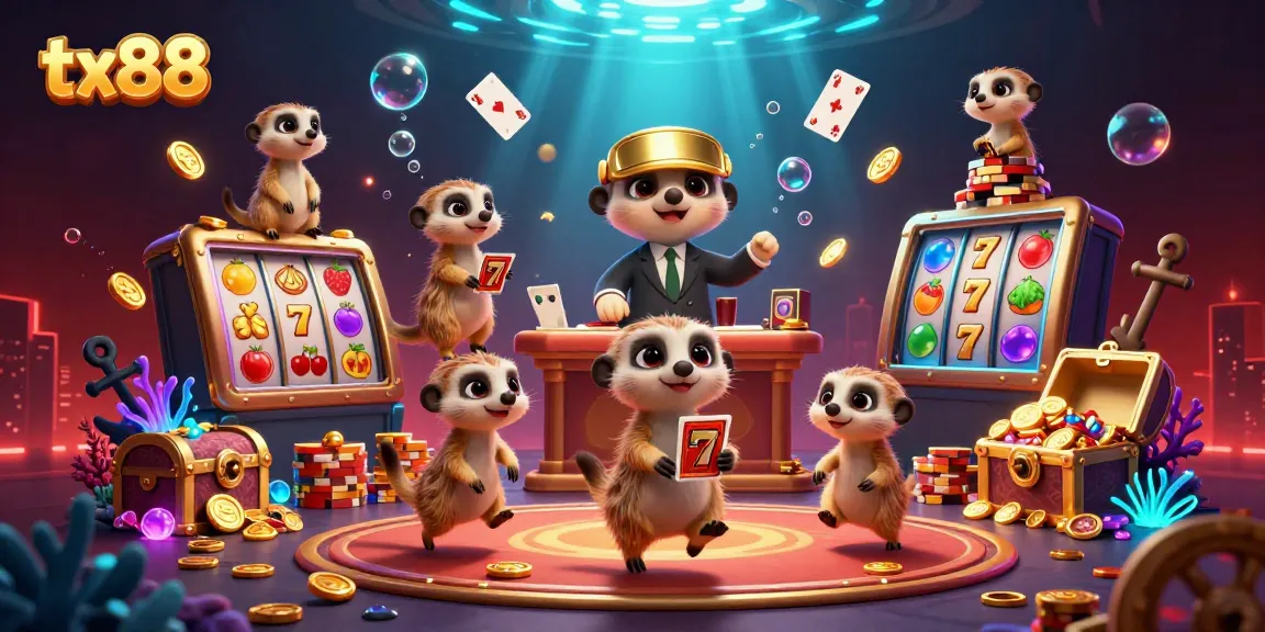 tx88 meerkats running a vibrant casino operation with slot elements, colorful treasures, and dynamic underwater effects