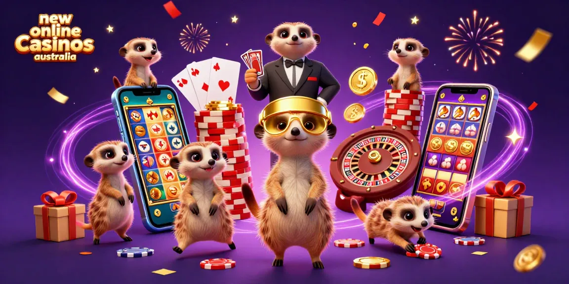 Experience the excitement of new online casinos Australia with meerkats managing a vibrant casino.