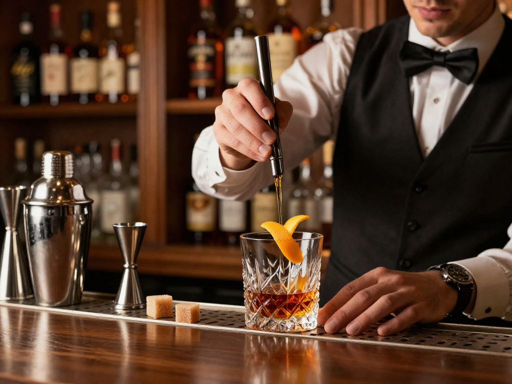 Stylish bar setting showcasing Weller Antique 107 bourbon cocktail preparation with ambient light.