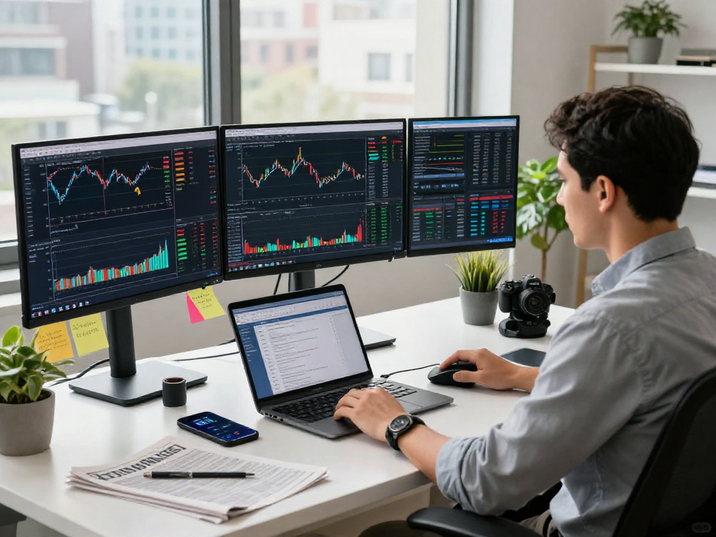 TradingView analytics displayed on multiple screens in a professional workspace with a trader engaged in market analysis.