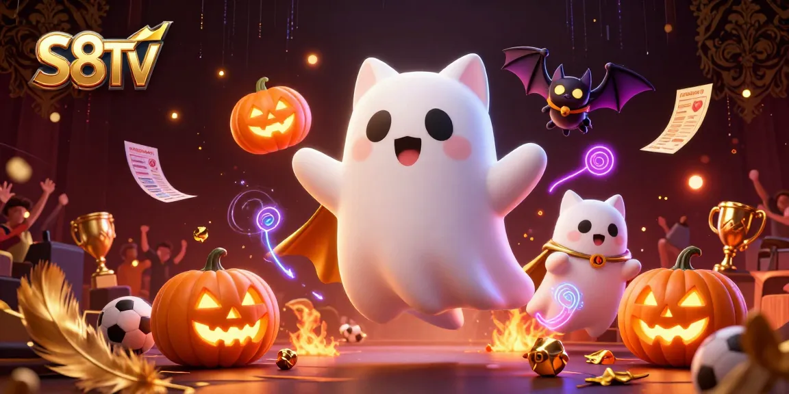 S8TV offers thrilling sports betting excitement with a charismatic ghost cat and bat in a lively sportsbook.